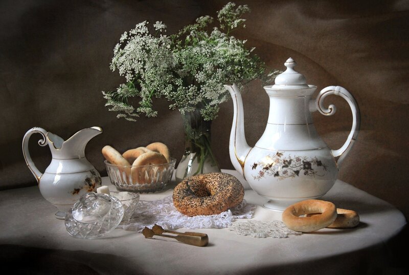 Tea Set with Pastries — White, Serene, Photograph, Flowers