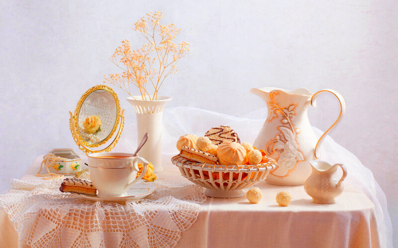 Tea Set with Pastries — White, Serene, Photograph