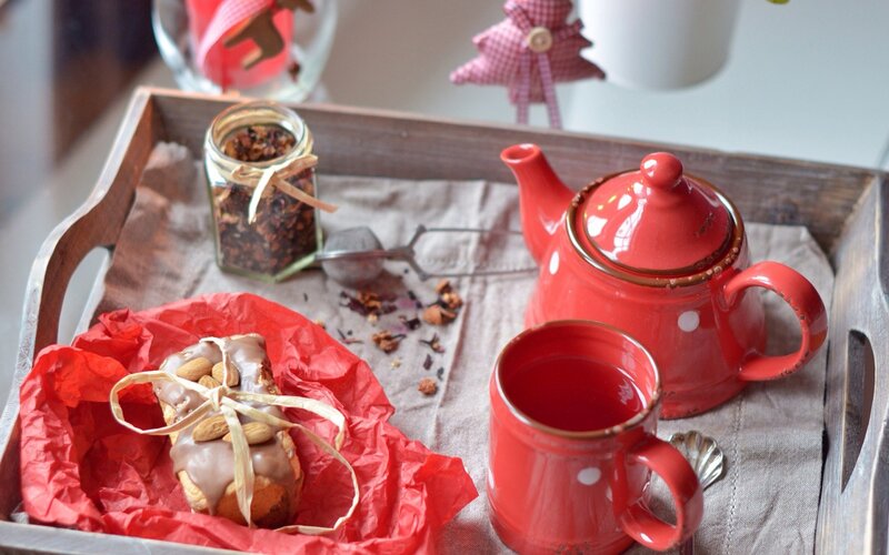 Tea Set with Pastry — Red, Cozy, Morning