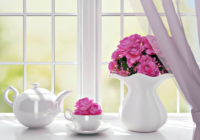Tea Set with Pink Flowers — White, Serene