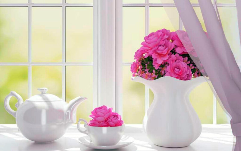 Tea Set with Pink Flowers — White
