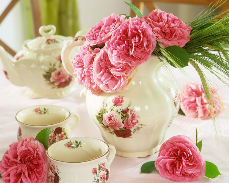 Tea Set with Pink Roses — Serene