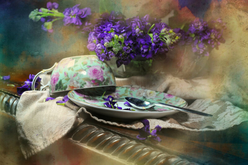 Tea Set with Purple Flowers — Serene