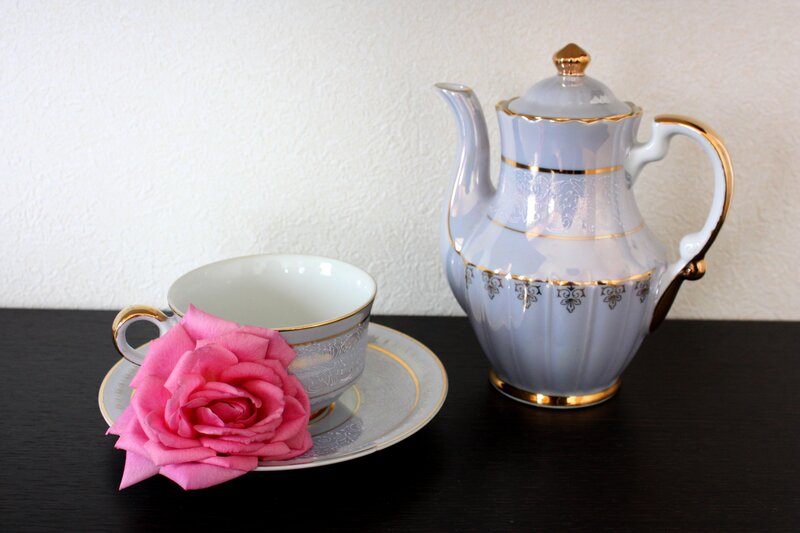 Tea Set with Rose — White, Serene, Photograph