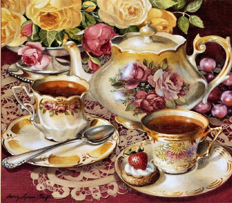 Tea set with roses and fruit