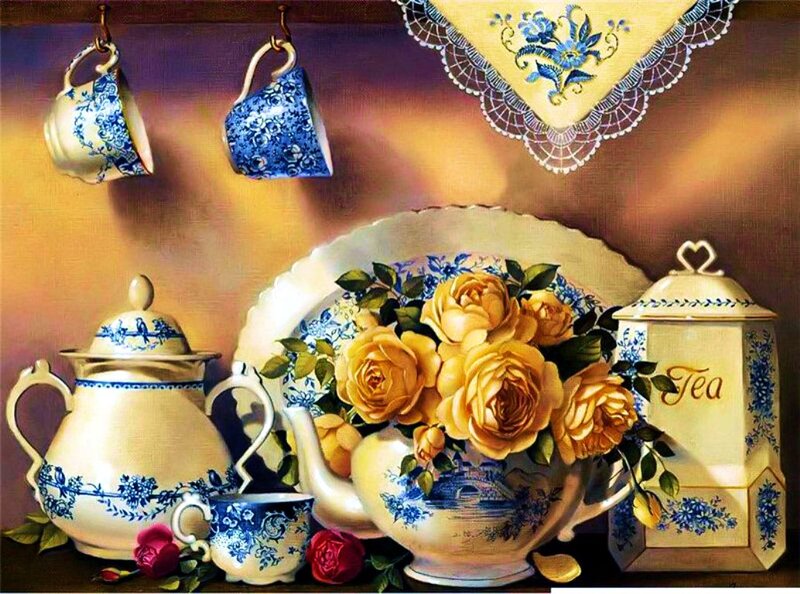Tea Set with Roses — Blue, Serene, Painting
