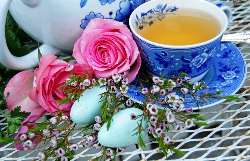 Tea Set with Roses — Blue, Serene, Spring, Photograph