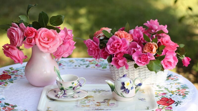 Tea Set with Roses — Pink, Serene, Afternoon, Photograph