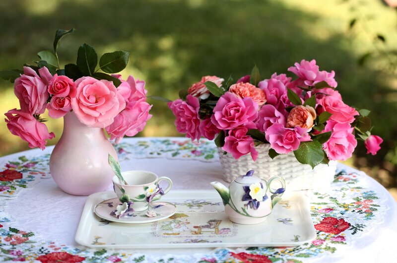 Tea Set with Roses — Pink, Serene, Afternoon, Photograph, Vase