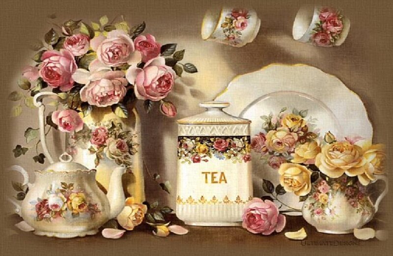 Tea Set with Roses — Pink, Serene, Illustration