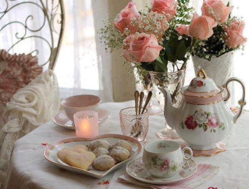 Tea Set with Roses — Pink, Serene, Morning, Photograph, Flowers