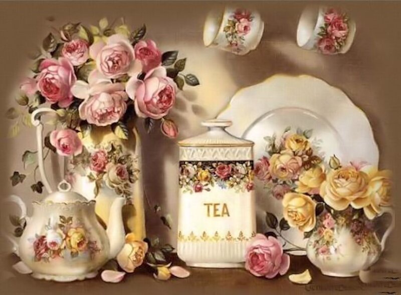 Tea Set with Roses — Pink, Serene, Painting