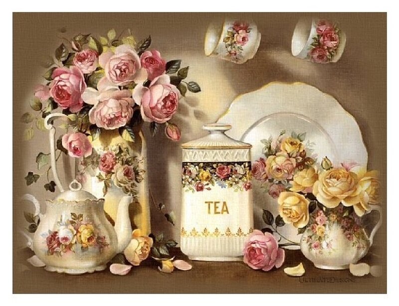Tea Set with Roses — Pink, Serene, Painting, Vase