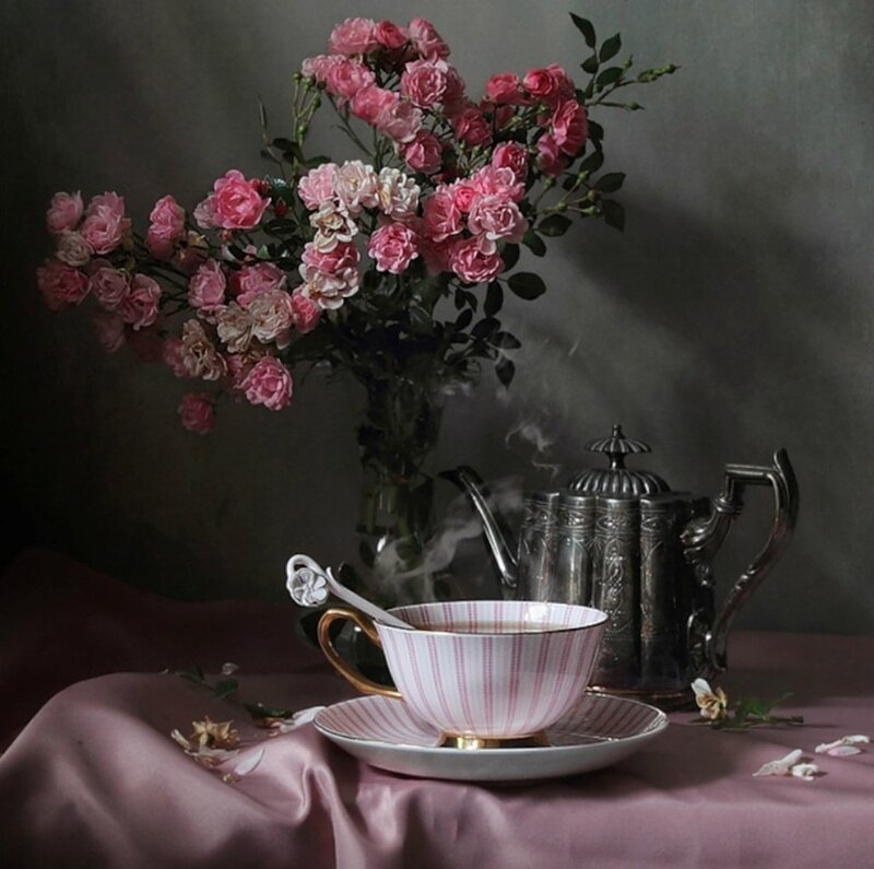 Tea Set with Roses — Pink, Serene, Photograph, Flowers