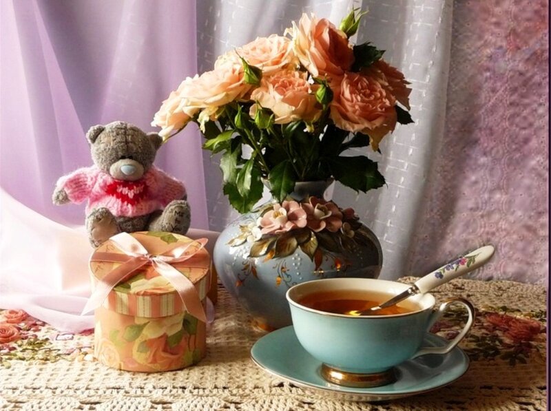 Tea Set with Roses — Pink, Serene, Photograph, Teddy Bear