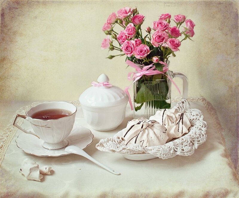 Tea Set with Roses — Pink, Serene, Photograph