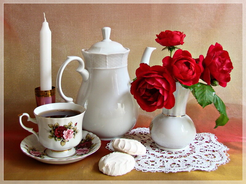 Tea Set with Roses — White, Calm, Photograph