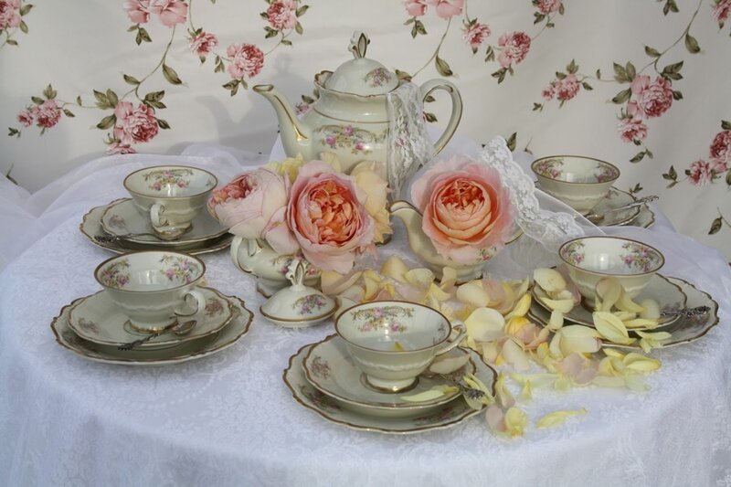 Tea Set with Roses — White, Elegant, Photograph