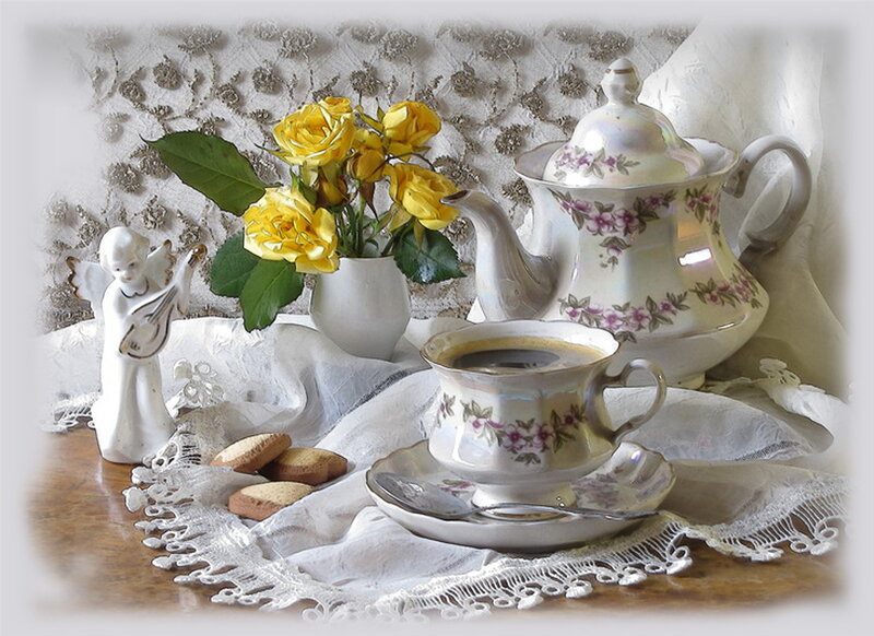 Tea Set with Roses — White, Serene, Morning, Photograph