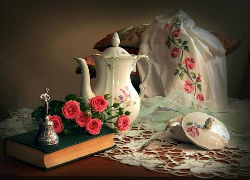 Tea Set with Roses — White, Serene, Photograph, Book