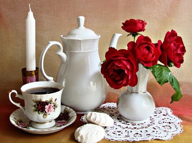 Tea Set with Roses — White, Serene, Photograph, Candle, Flowers, Cookies