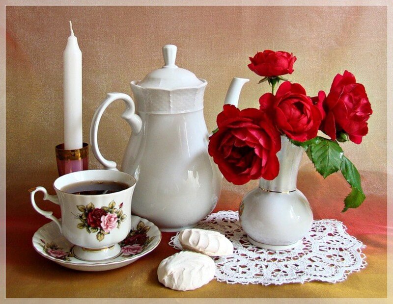 Tea Set with Roses — White, Serene, Photograph, Candle