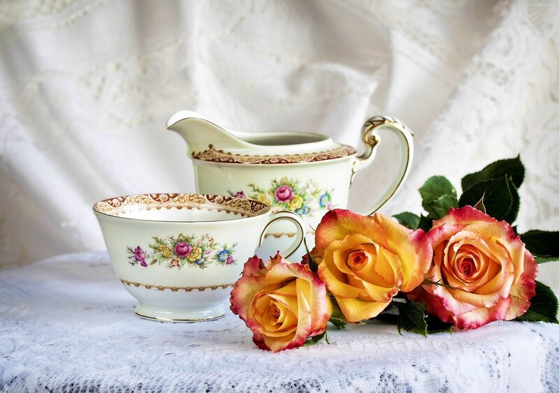 Tea Set with Roses — White, Serene, Photograph, Lace Tablecloth, Porcelain