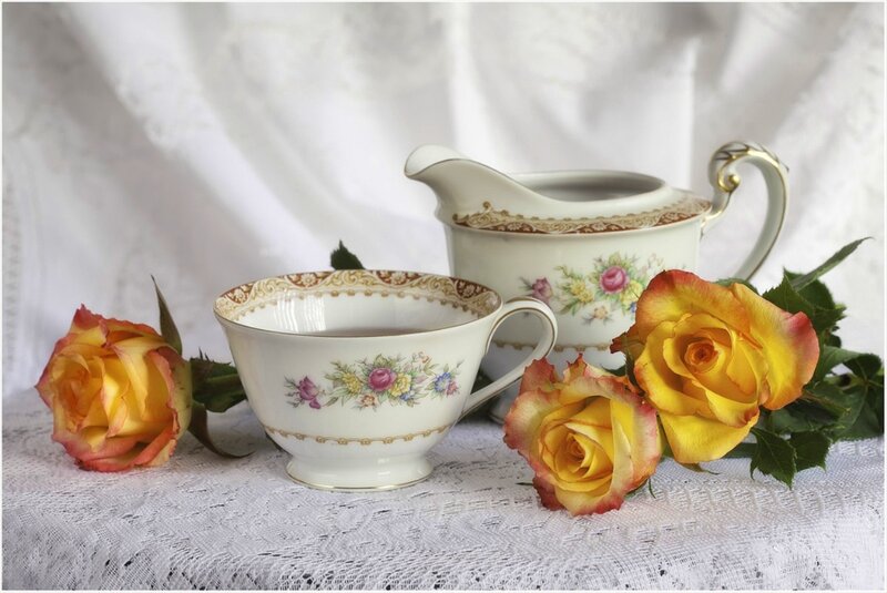 Tea Set with Roses — White, Serene, Photograph, Lace Tablecloth