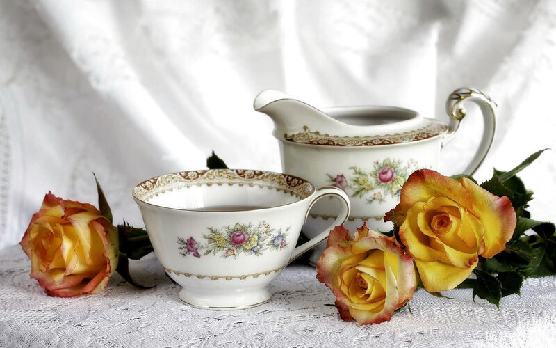 Tea Set with Roses — White, Serene, Photograph, Teacup