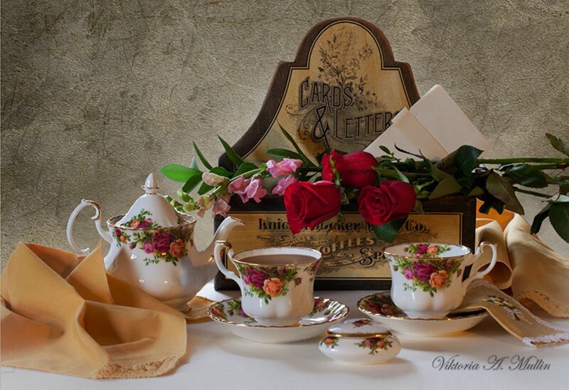 Tea Set with Roses — White, Serene, Photograph, Teapot, Box