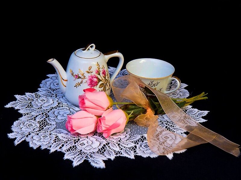Tea Set with Roses — White, Serene, Photograph, Teapot, Cup, Lace Doily