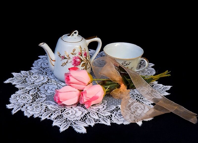 Tea Set with Roses — White, Serene, Photograph, Teapot, Cup