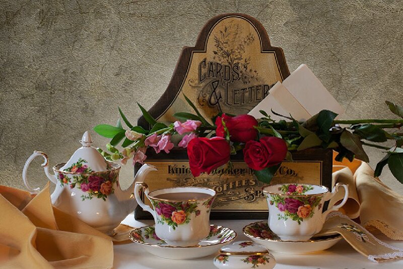 Tea Set with Roses — White, Serene, Photograph, Teapot