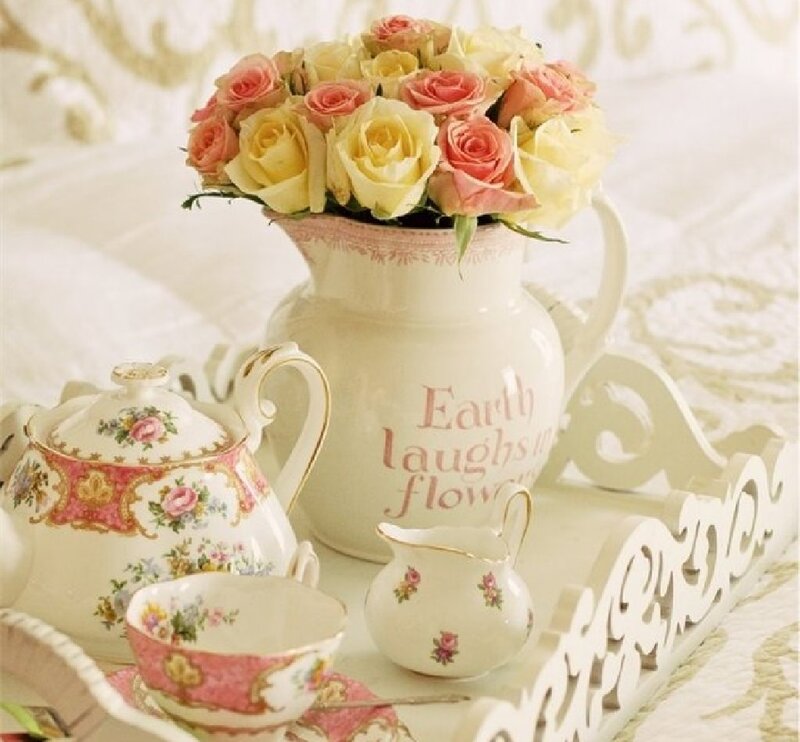 Tea Set with Roses — White, Serene, Photograph, Teapot, Tray