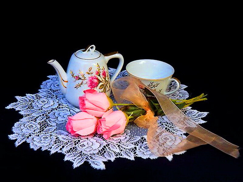 Tea Set with Roses — White, Serene, Photograph