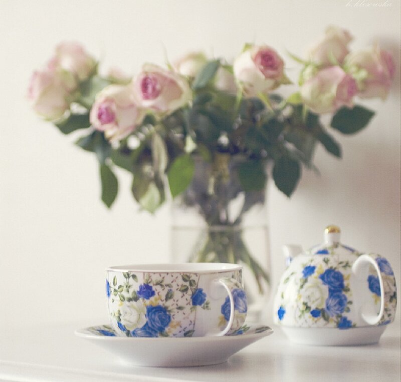 Tea Set with Roses — White, Serene, Photograph, Vase