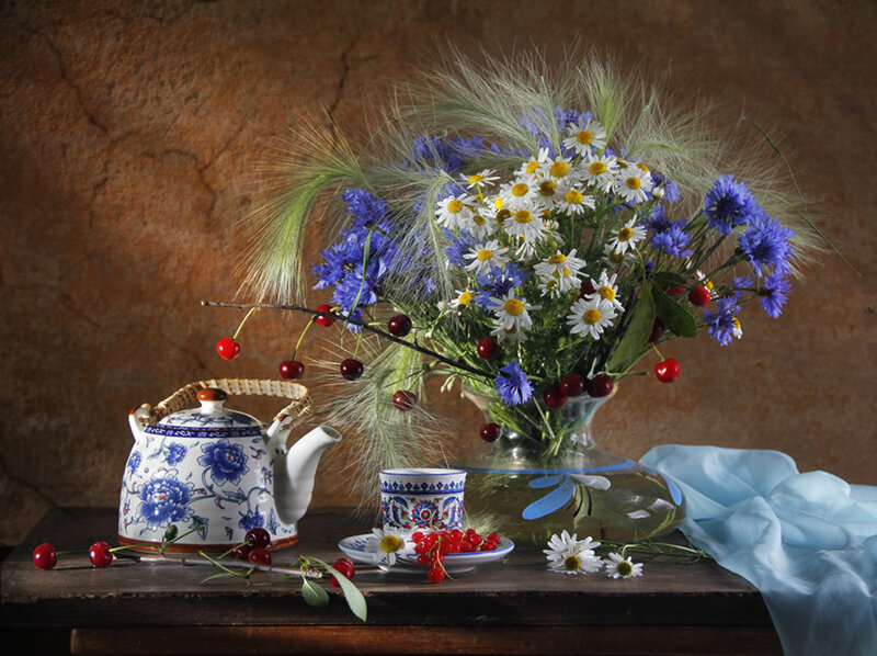 Tea set with wildflowers