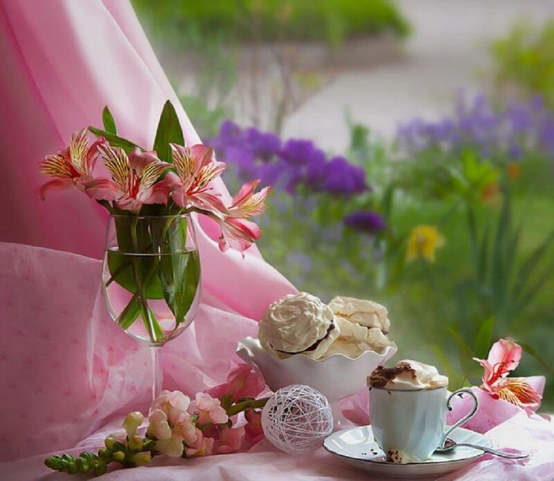 Tea Setup with Flowers — Pink