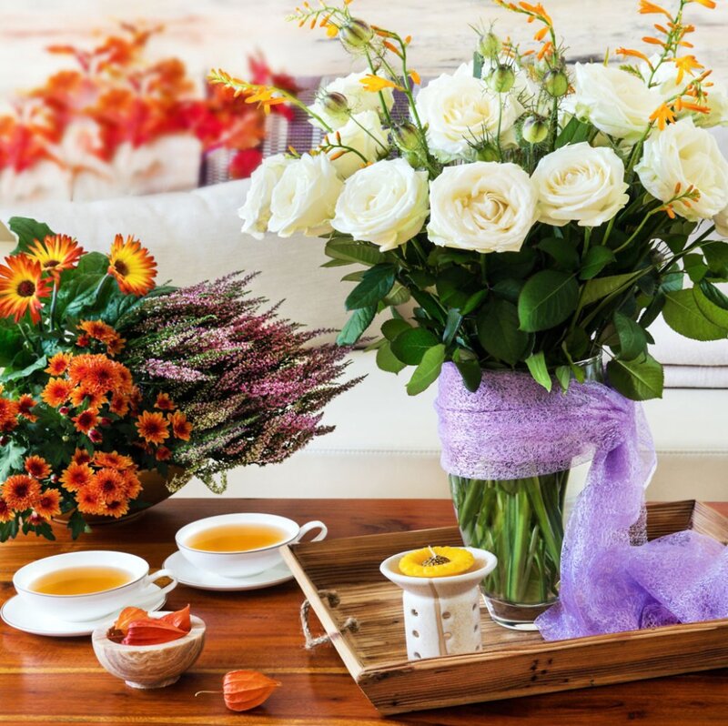 Tea Setup with Flowers — White