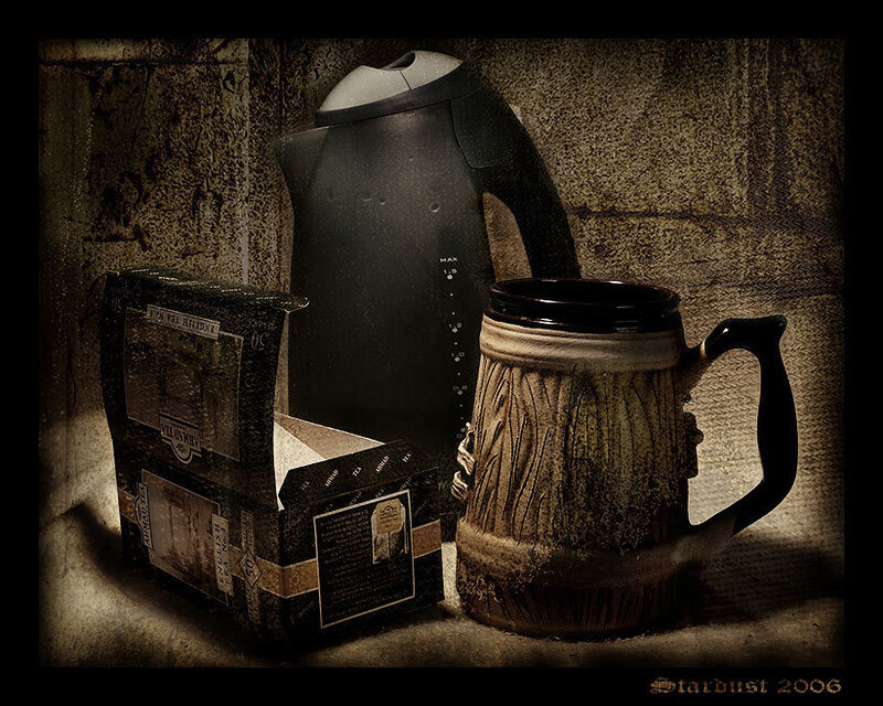 Tea setup with kettle and mug
