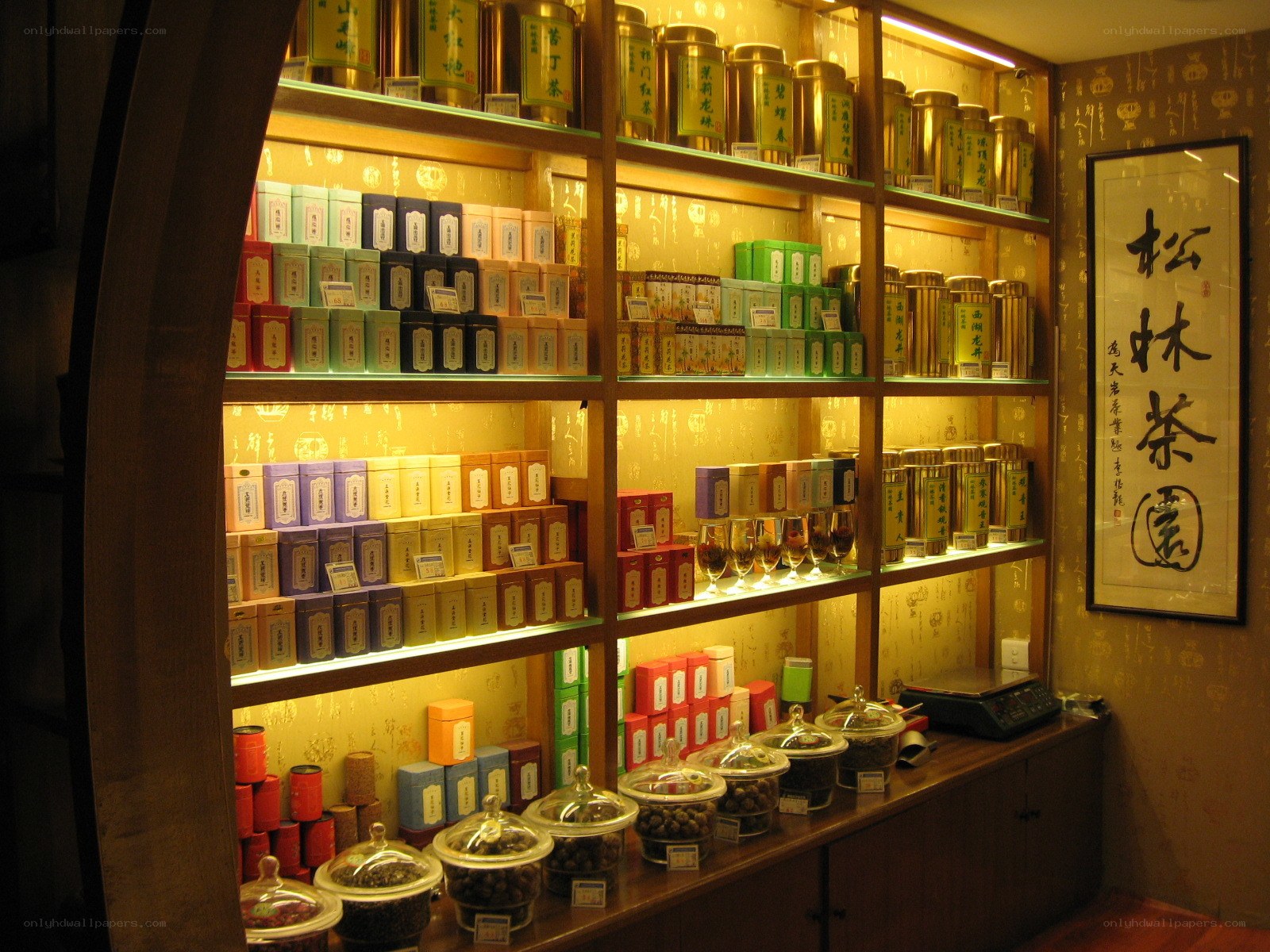 Tea shop display shelves