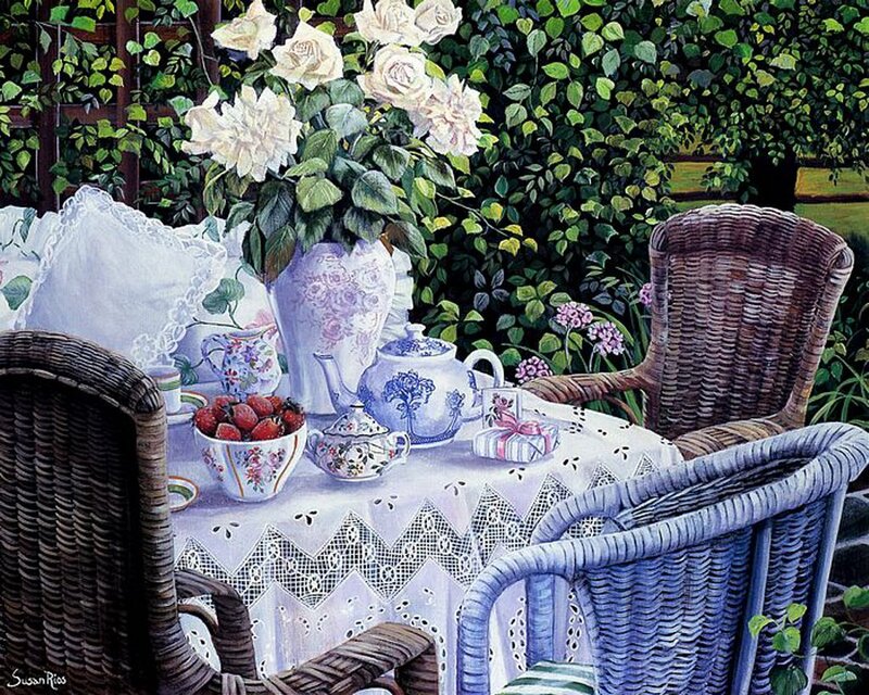 Tea Table in Garden — White, Serene, Afternoon, Painting