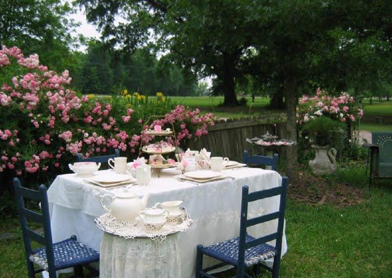 Tea Table in Garden — White, Serene, Afternoon, Photograph