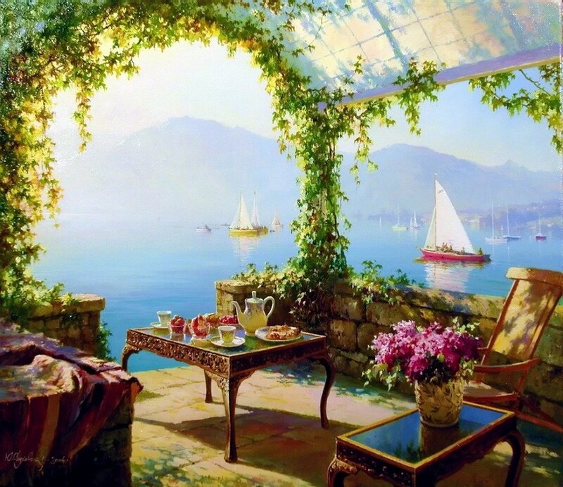 Tea Table on Balcony — Blue