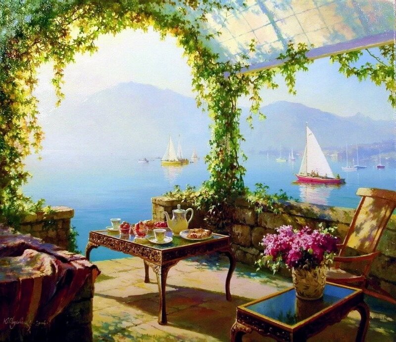 Tea Table on Terrace — Blue, Serene