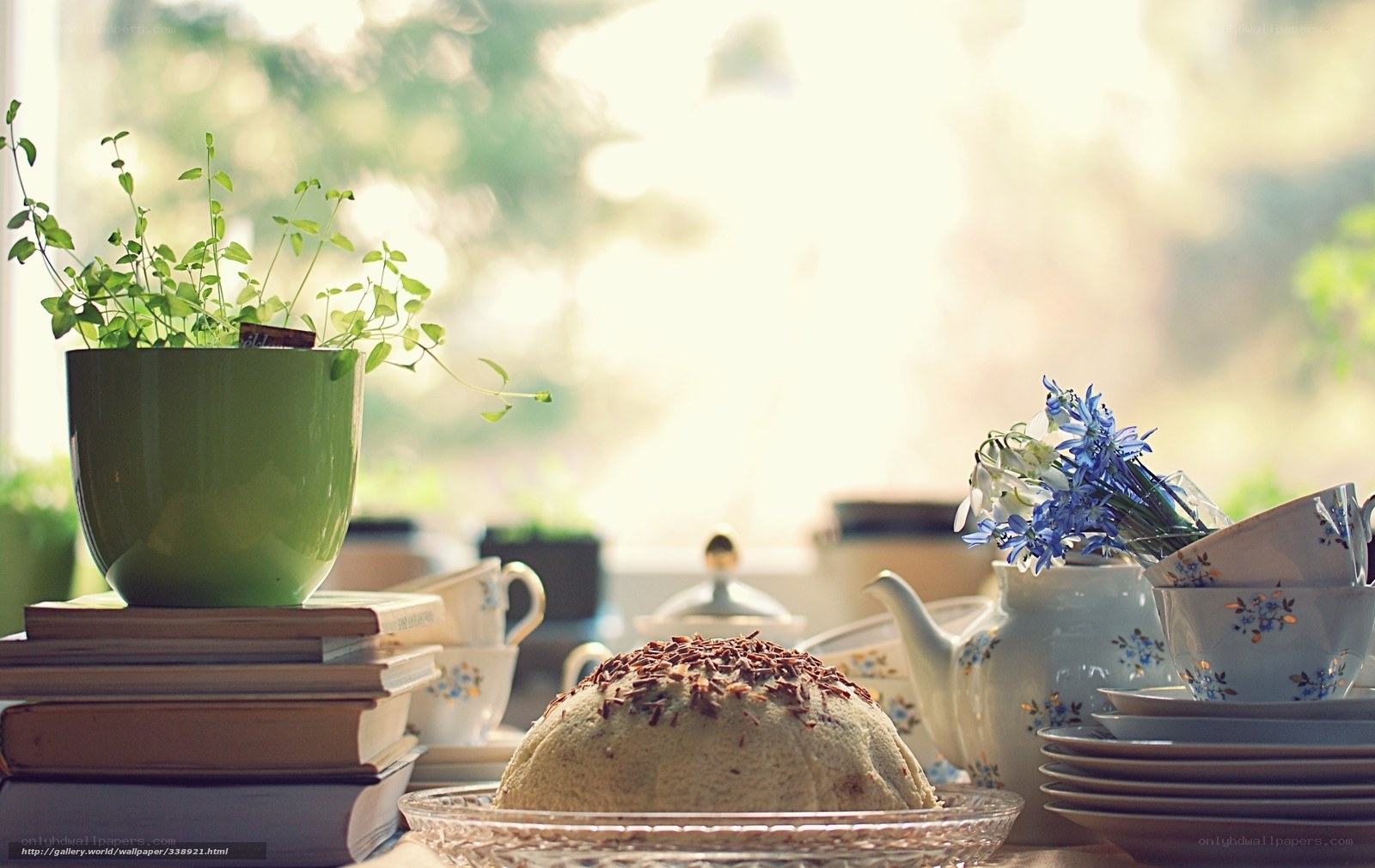 Tea time with cake and flowers