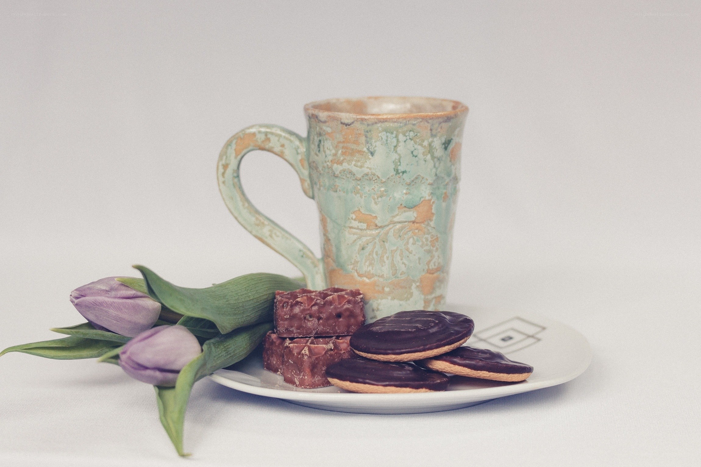 Tea with cookies and tulips