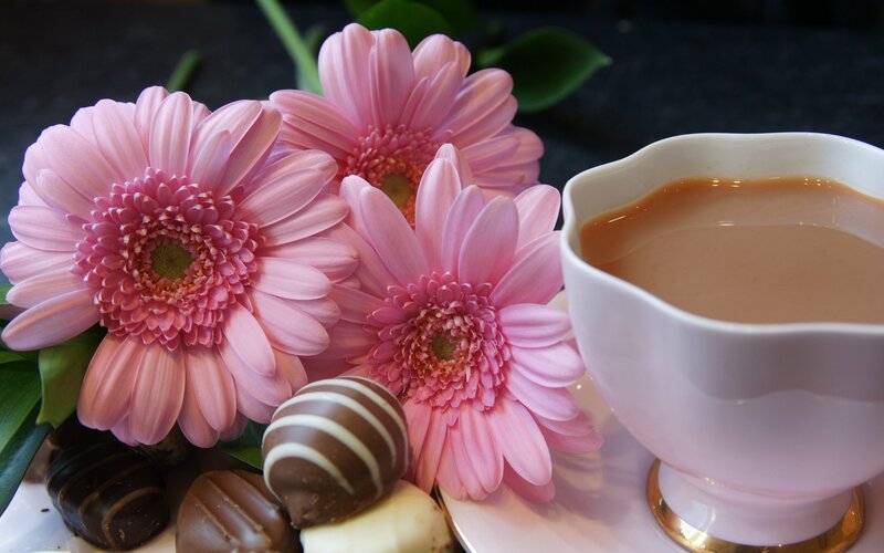 Tea with flowers and chocolates