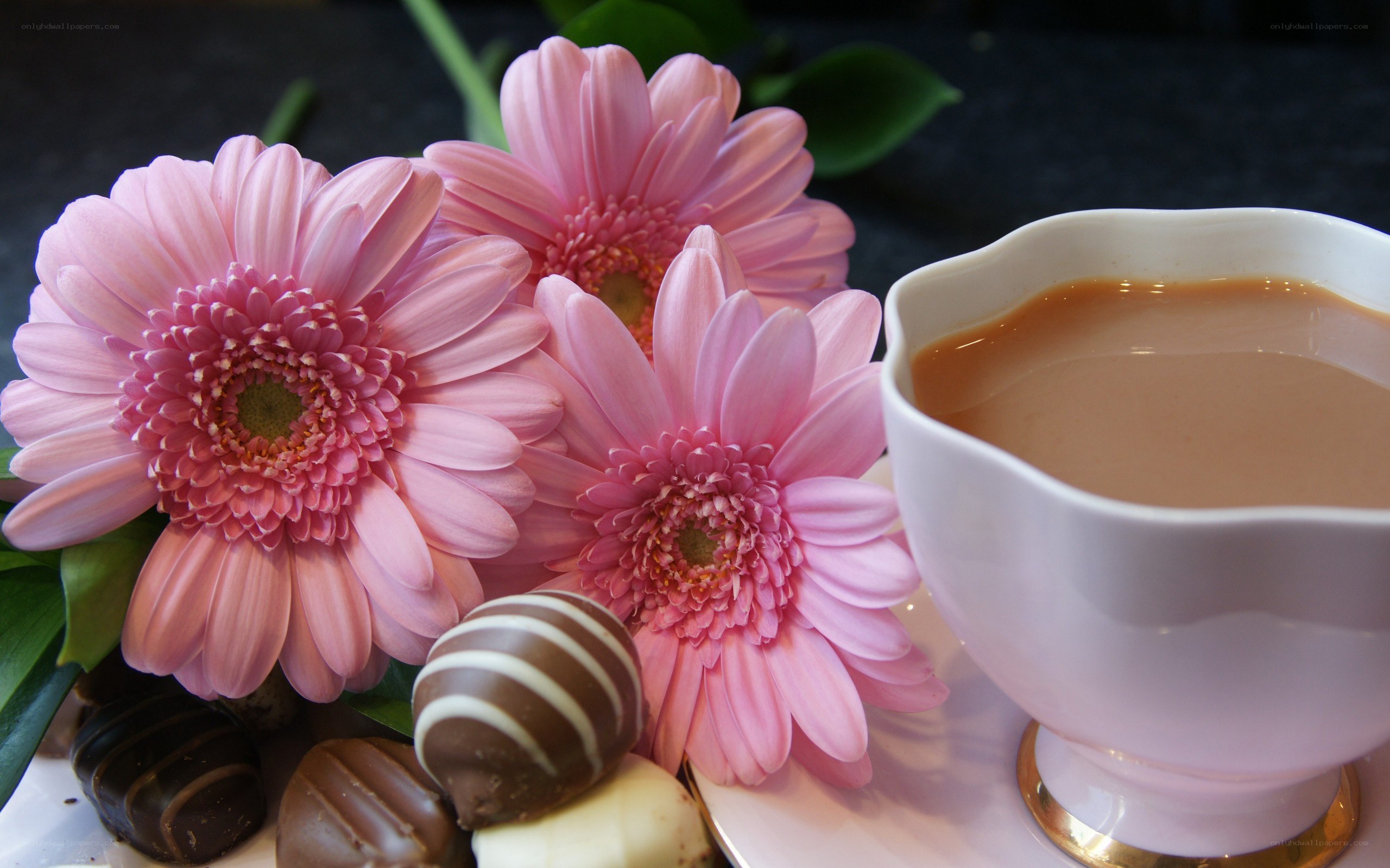Tea with flowers and chocolates