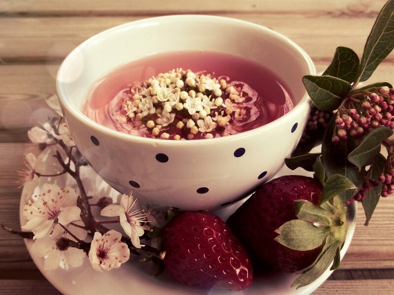 Tea with Flowers and Strawberries — White, Serene, Spring